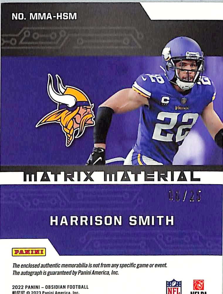 2022 Obsidian Harrison Smith Auto Autograph Patch Jersey Matrix Materials /25
