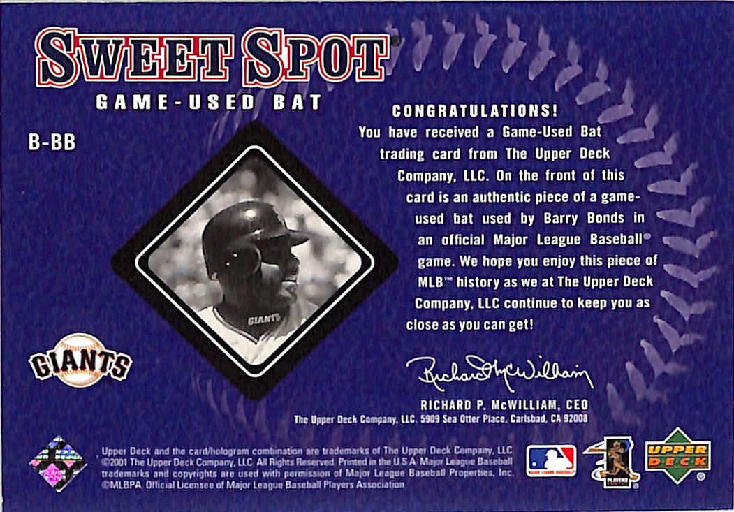 2001 Upper Deck Sweet Spot Barry Bonds Bat Relic Giants