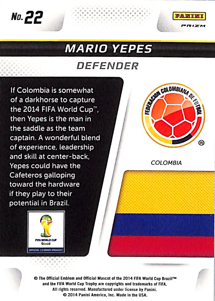 2014 Prizm World Cup Mario Yepes Cup Captains Red White Blue Wave #22 Colombia