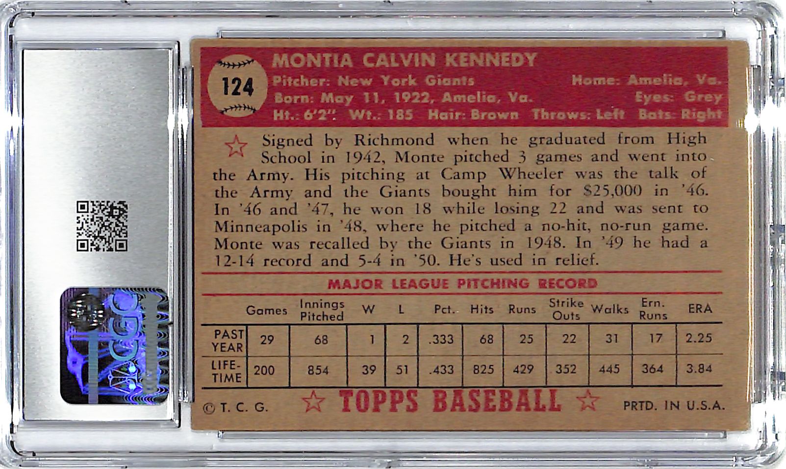 1952 Monte Kennedy Topps #124 CGC Very Good 3