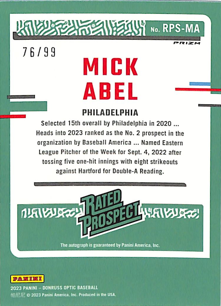 2023 Donruss Optic Mick Abel Auto Autograph Rookie RC Purple /99 Phillies