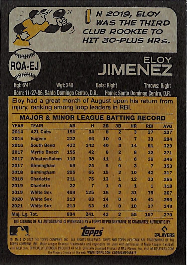 2022 Topps Heritage Eloy Jimenez Auto Autograph White Sox