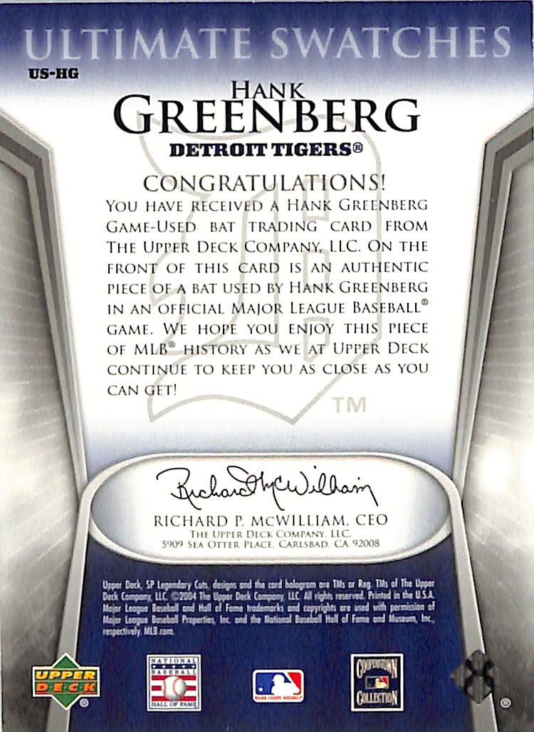 2004 SP Legendary Cuts Hank Greenberg Ultimate Swatches Bat Relic