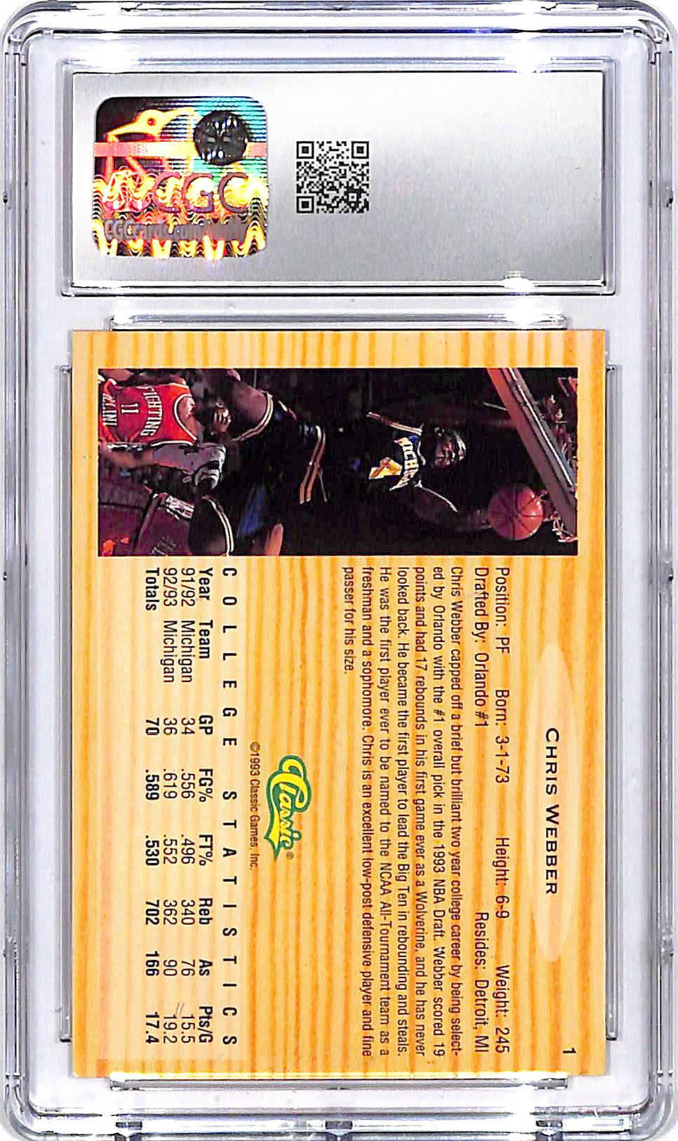 1993 Classic Draft Picks Chris Webber #1 Rookie RC CGC 9.5