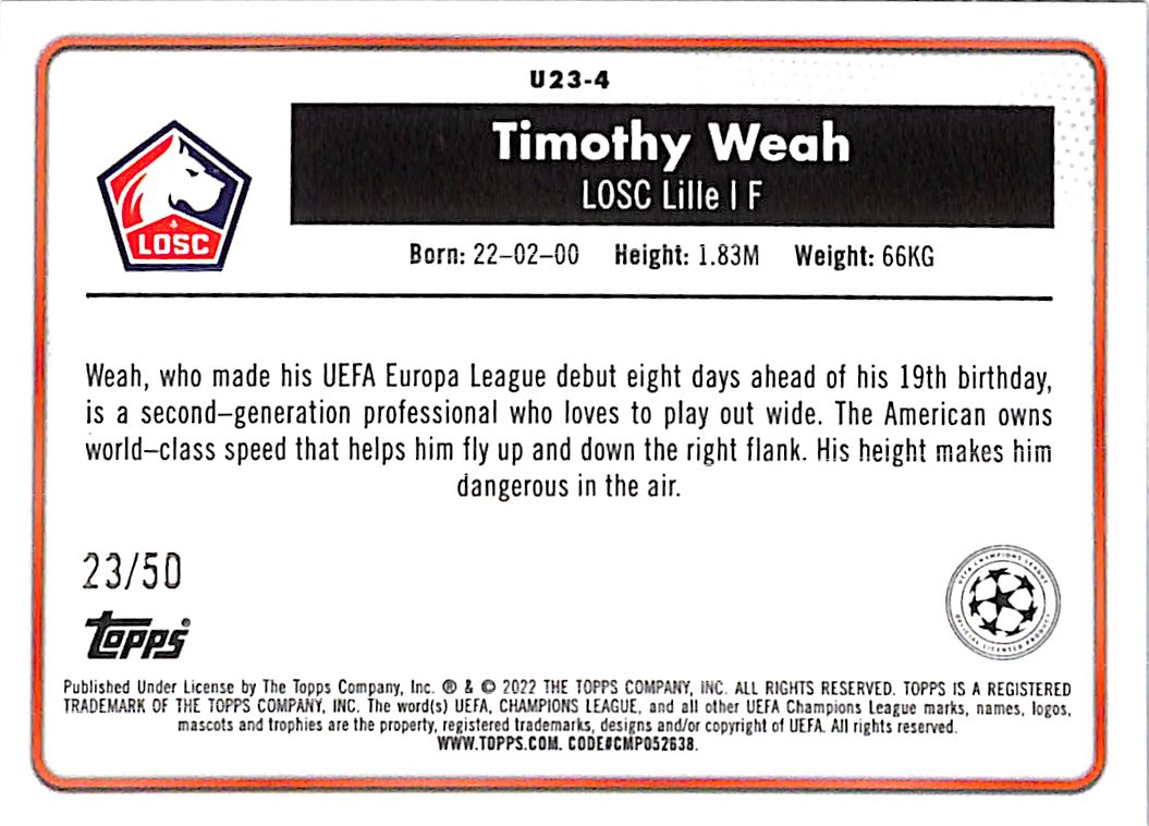 2021-22 Topps Merlin Chrome Timothy Weah U23 Stars Gold Refractor /50 Lille
