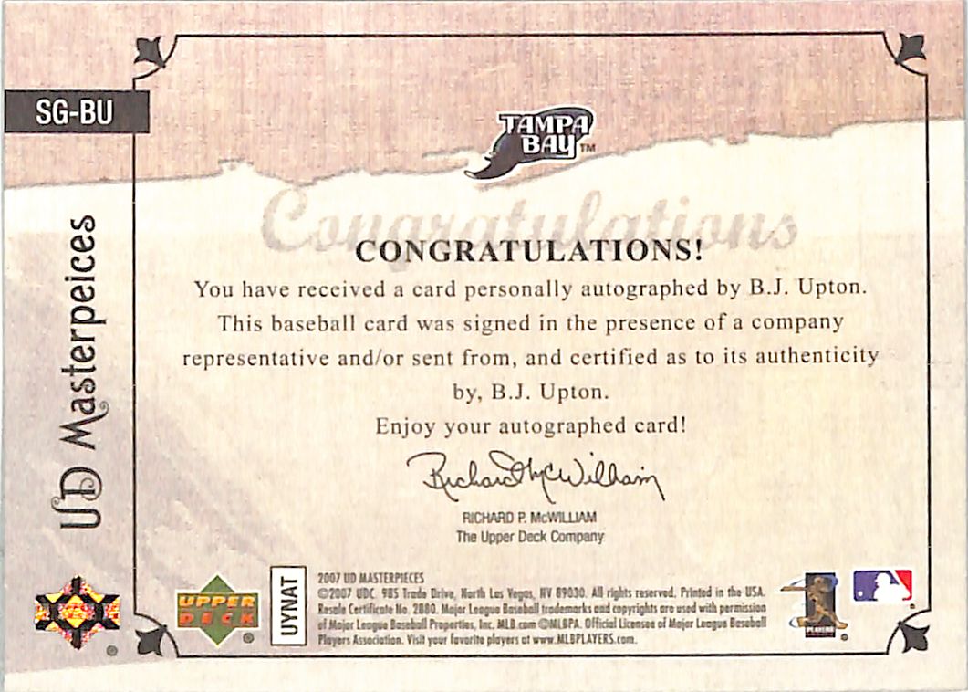 2007 Upper Deck Masterpieces BJ Upton Auto Autograph Rays