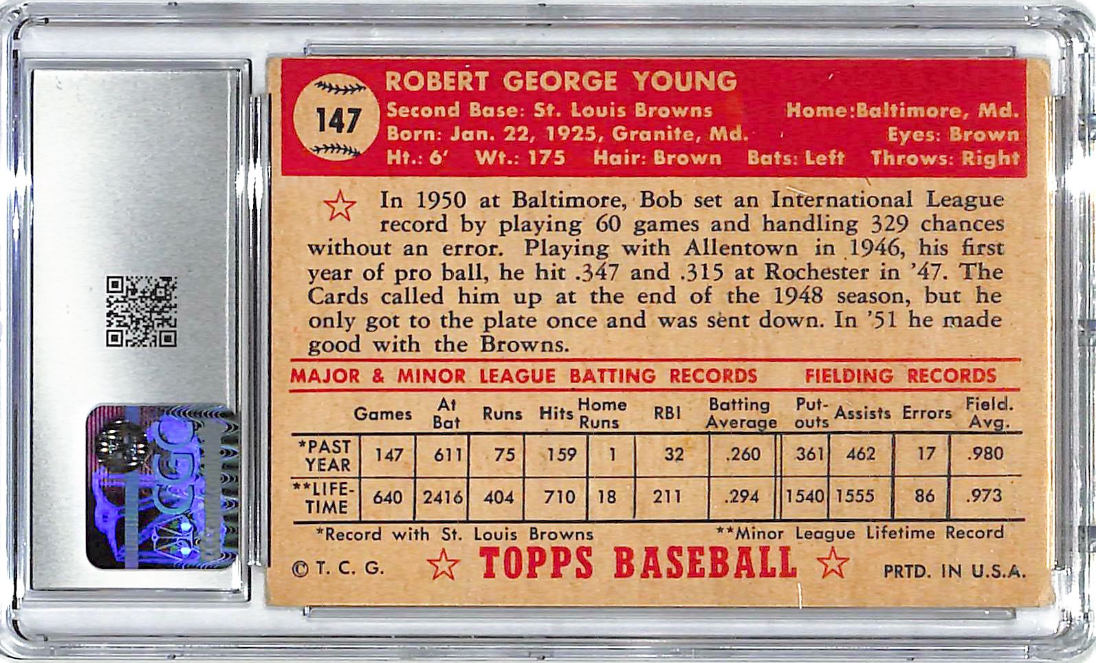 1952 Bobby Young Topps #147 CGC Very Good 4.5