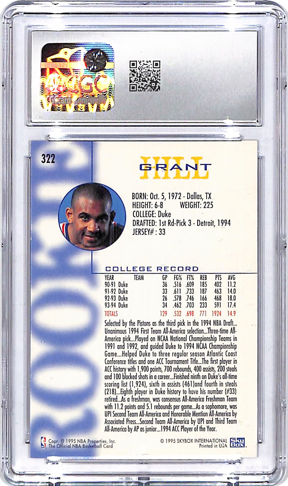 1994-95 Hoops Grant Hill Rookie RC #322 CGC 9.5 Pistons