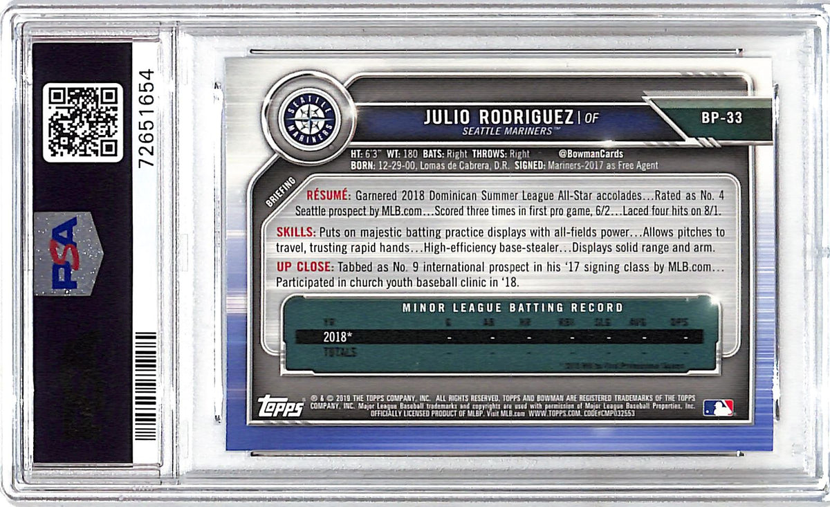 2019 Bowman Julio Rodriguez Rookie RC Prospect PSA 10 Mariners