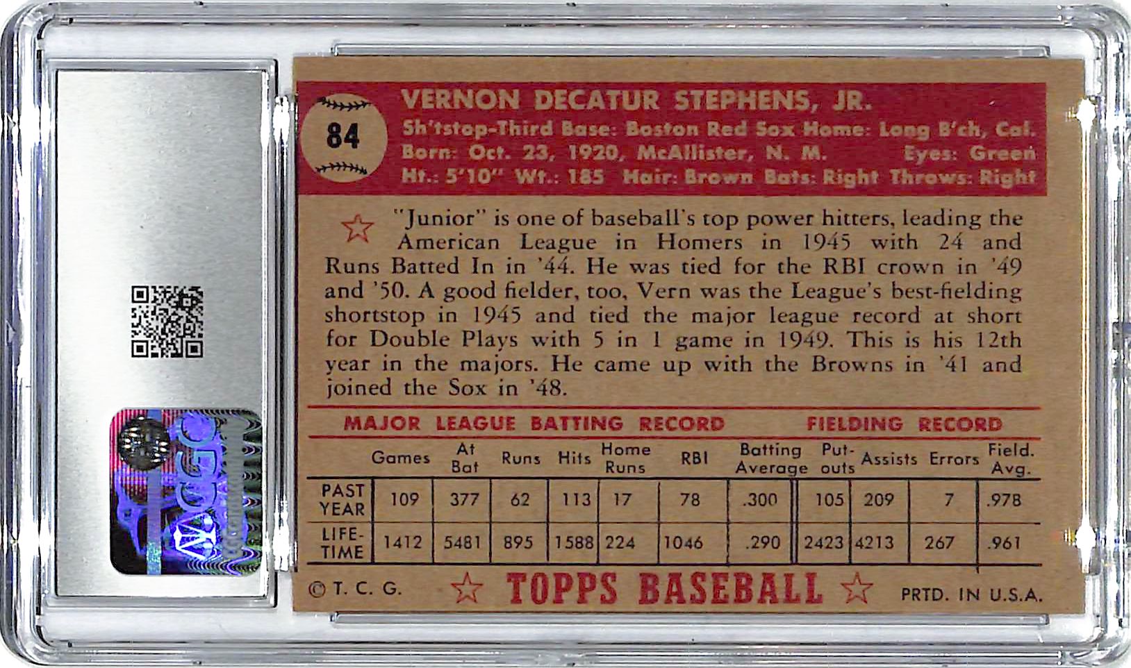 1952 Vern Stephens Topps #84 CGC Excellent 6