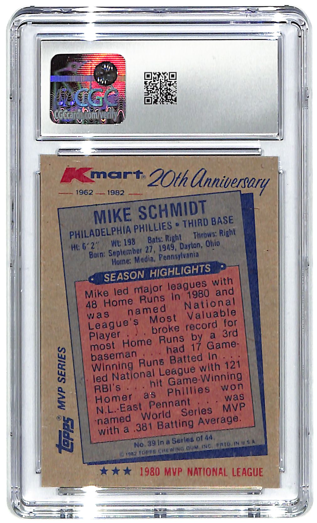 1982 Mike Schmidt Topps K-Mart #39 CGC Mint 9