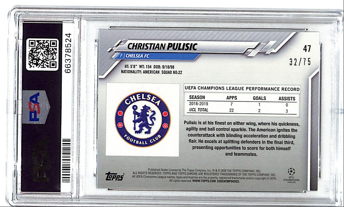 2019-20 Topps Chrome Sapphire Christian Pulisic SP Green Refractor /75 PSA 9 Chelsea