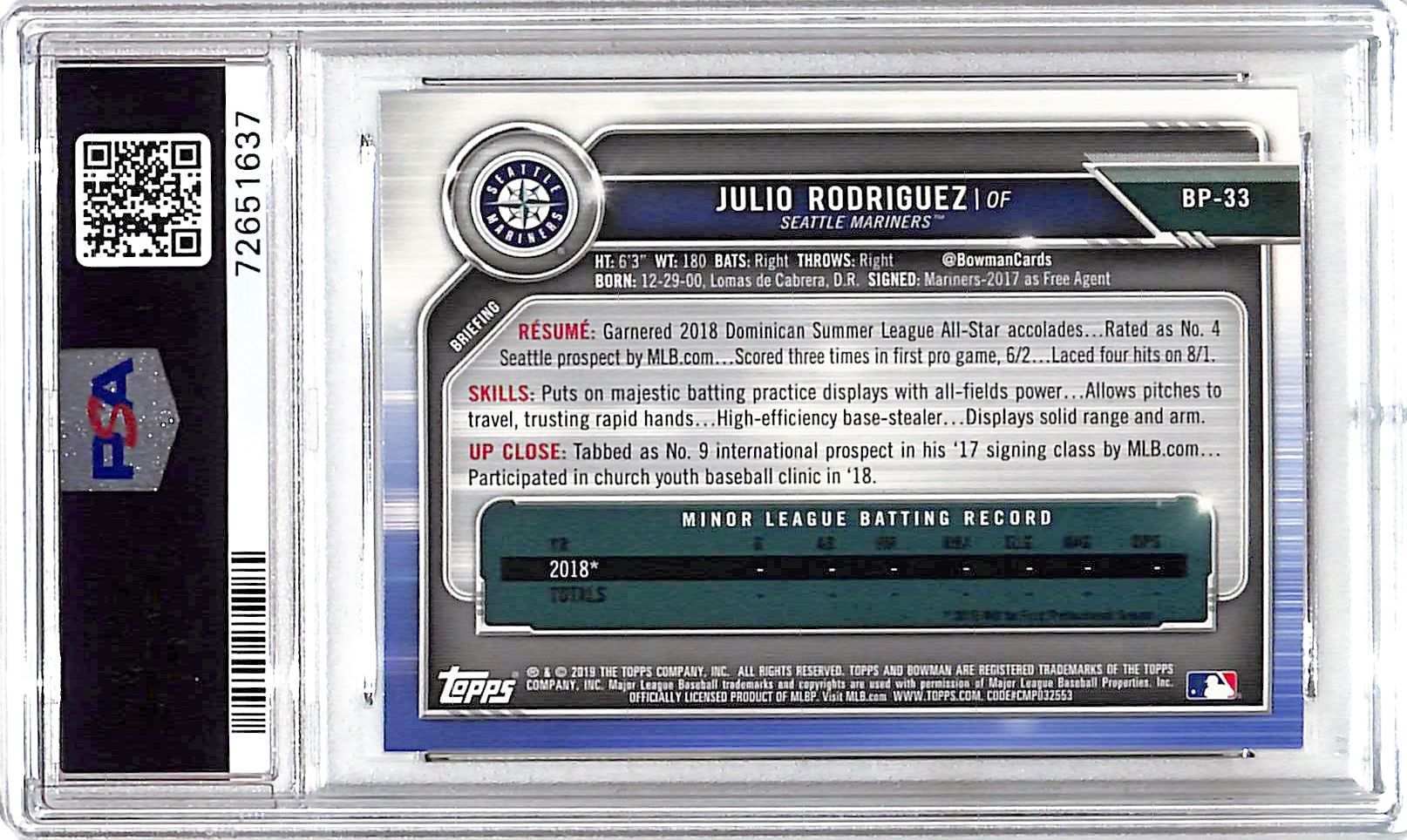 2019 Bowman Julio Rodriguez Rookie RC Prospect PSA 10 Mariners