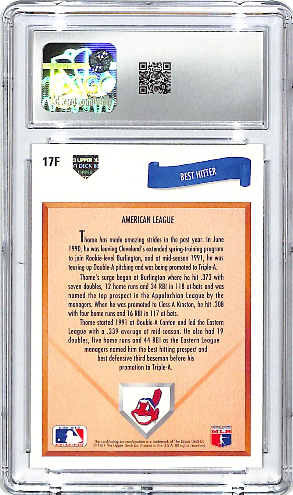 1991 Upper Deck Final Edition Jim Thome Rookie RC #17F CGC 10 Indians
