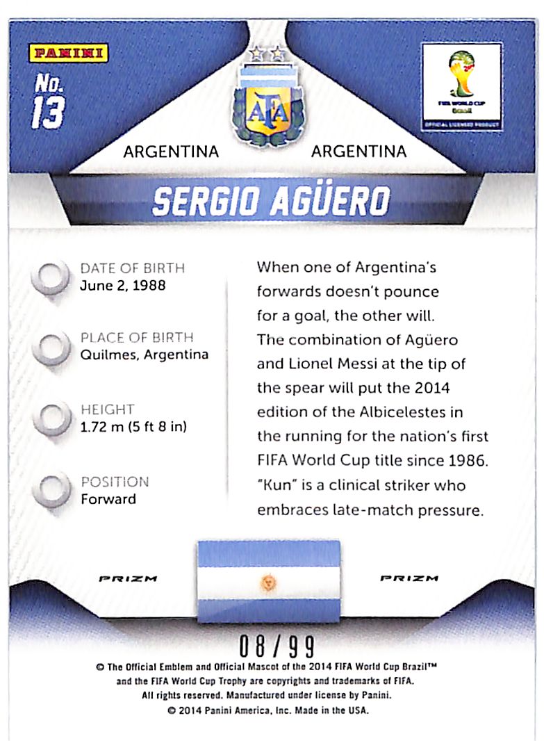 2014 Prizm World Cup Sergio Aguero Pink /99 #13 Argentina
