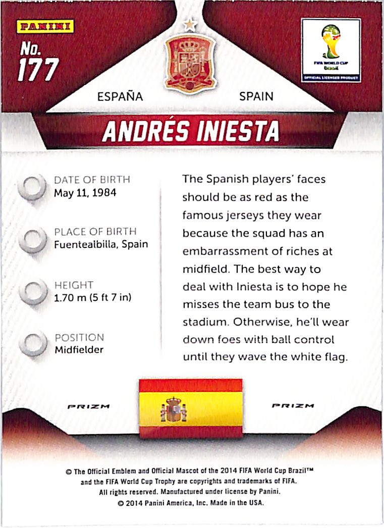 2014 Prizm World Cup Andres Iniesta Red Yellow Pulsar #177 Spain