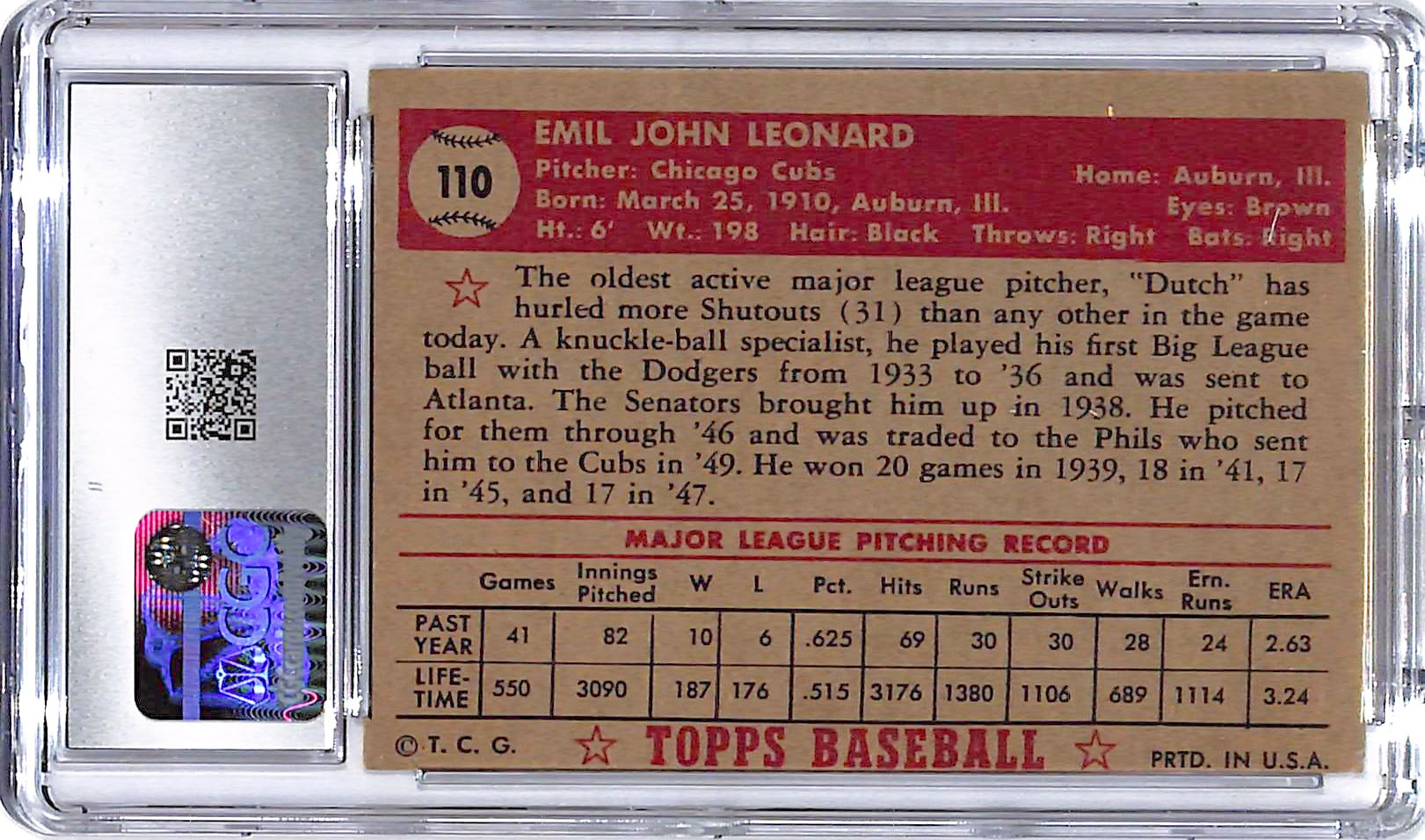 1952 Dutch Leonard Topps #110 CGC Very Good 3.5