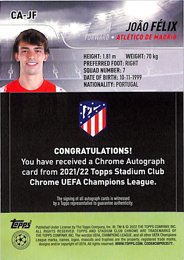 2021-22 Topps Stadium Club Chrome Joao Felix Auto Autograph Refractor