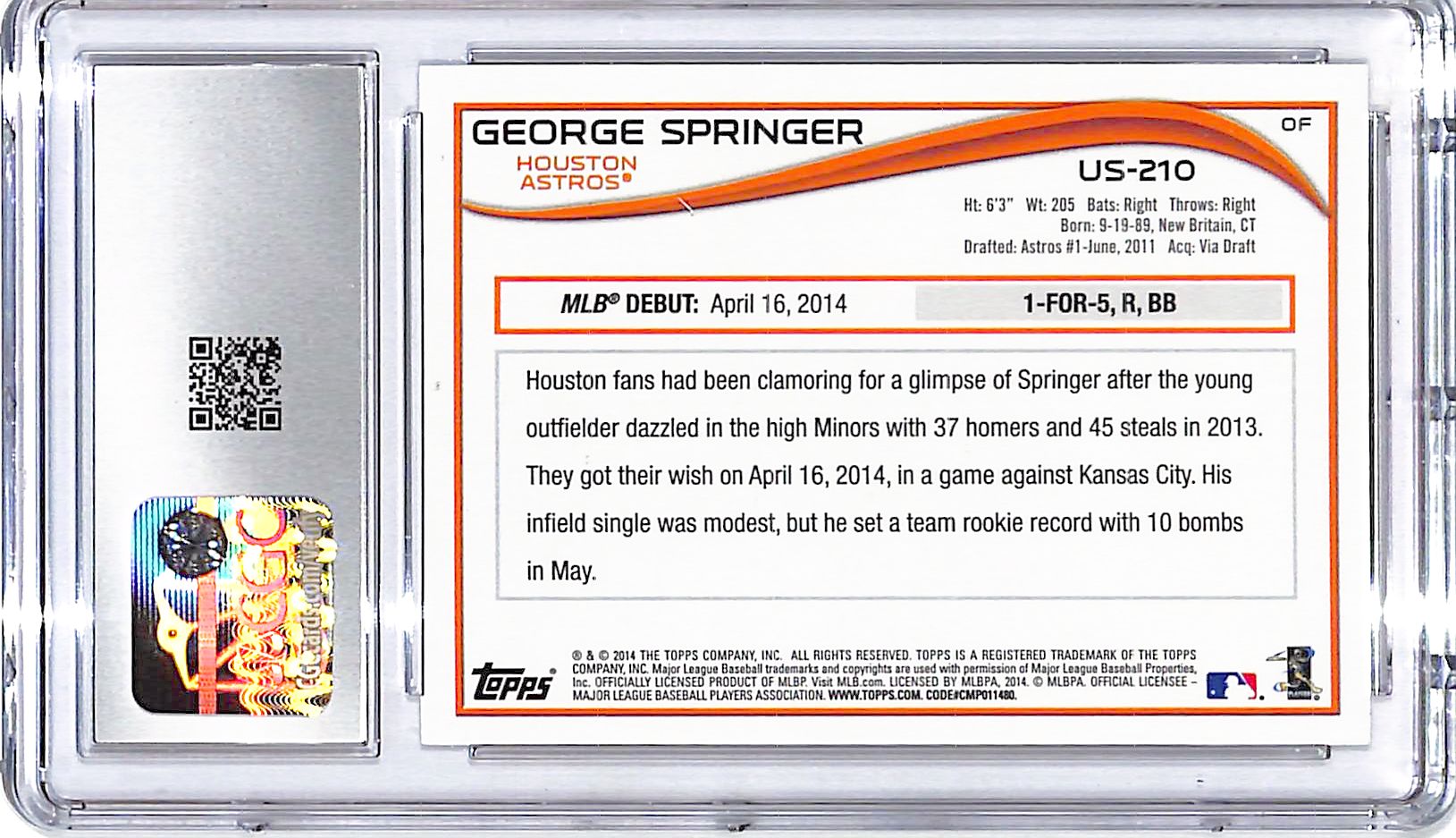 2014 Topps Update George Springer Rookie RC US210 CGC 10 Astros