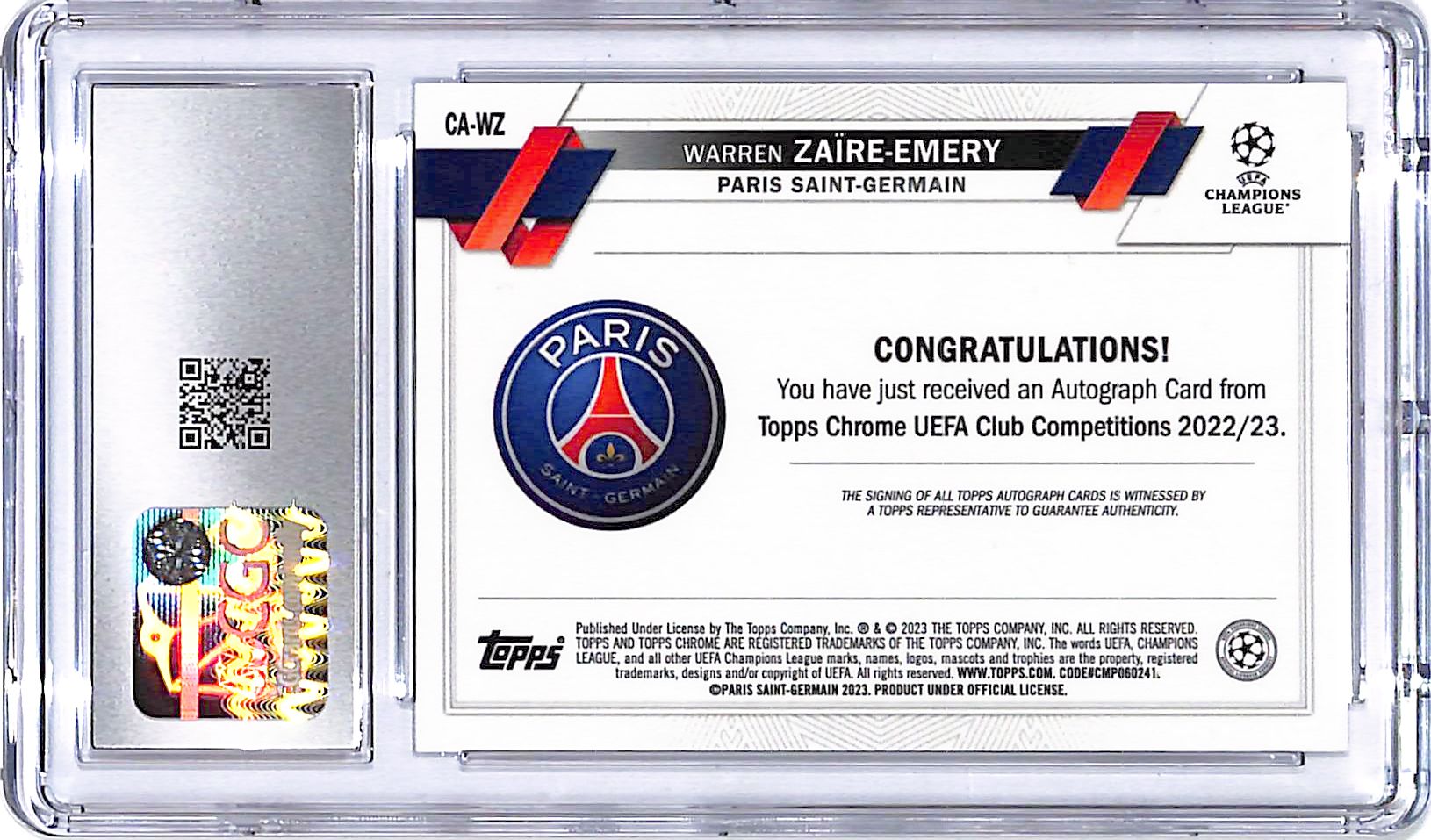 2022-23 Topps Chrome UEFA Warren Zaire-Emery Auto Autograph Rookie RC CGC 9.5 PSG