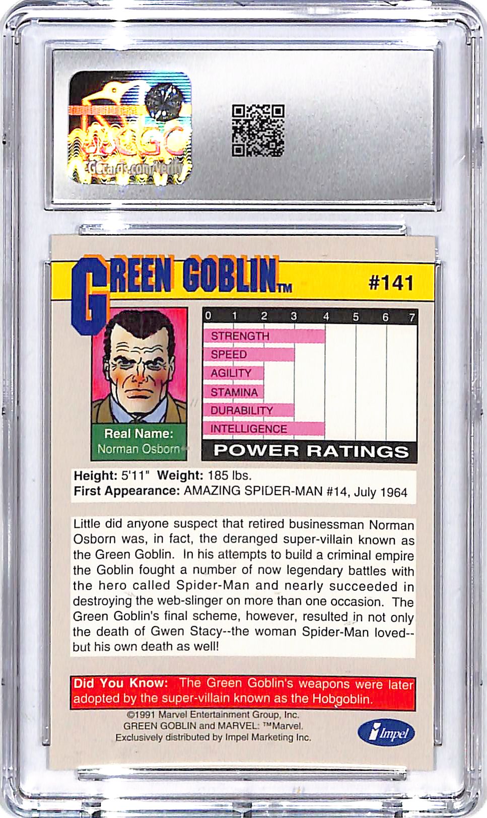 1991 Impel Marvel Universe Series Green Goblin Legends #141 CGC 9.5