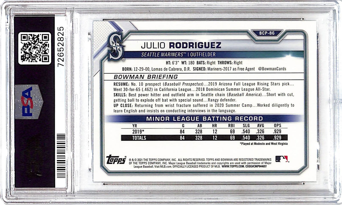 2021 Bowman Chrome Julio Rodriguez Rookie RC Mega Box Mojo Refractor PSA 9 Mariners