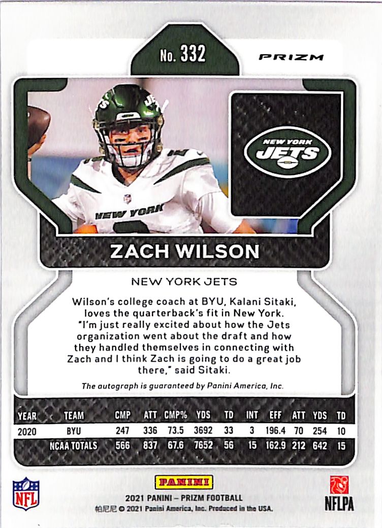 2021 Prizm Zach Wilson Auto Autograph Rookie RC Pink Jets