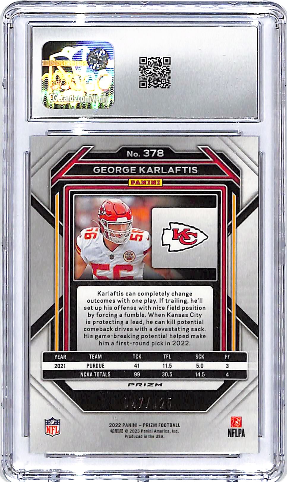 2022 Prizm George Karlaftis Purple Rookie RC /125 CGC 10 Chiefs