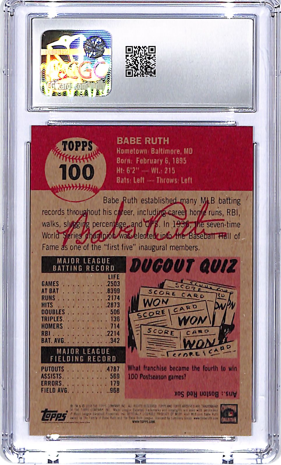 2018 Topps Living Set Babe Ruth #100 CGC 9.5 Yankees
