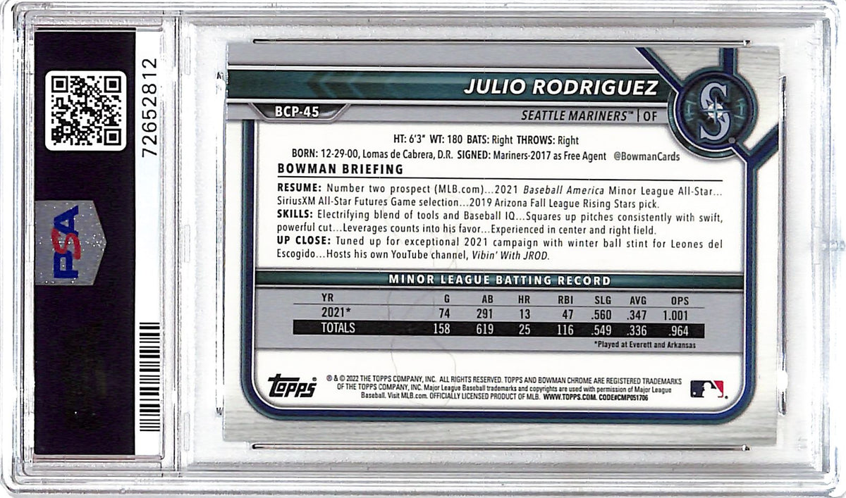 2022 Bowman Chrome Julio Rodriguez Rookie RC Prospect PSA 10 Mariners