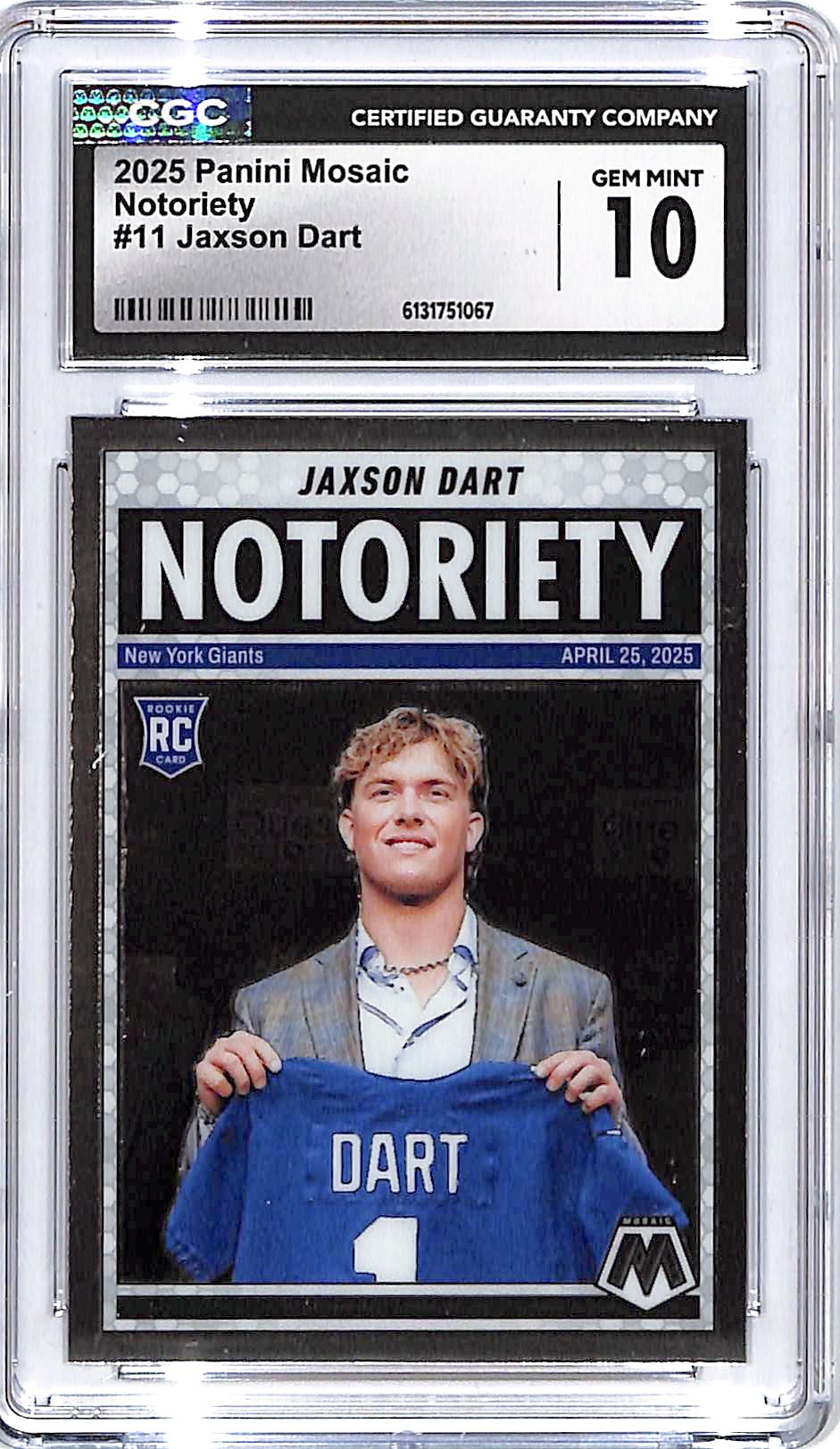 2025 Mosaic Jaxson Dart Notoriety Rookie RC #11 CGC 10 Giants