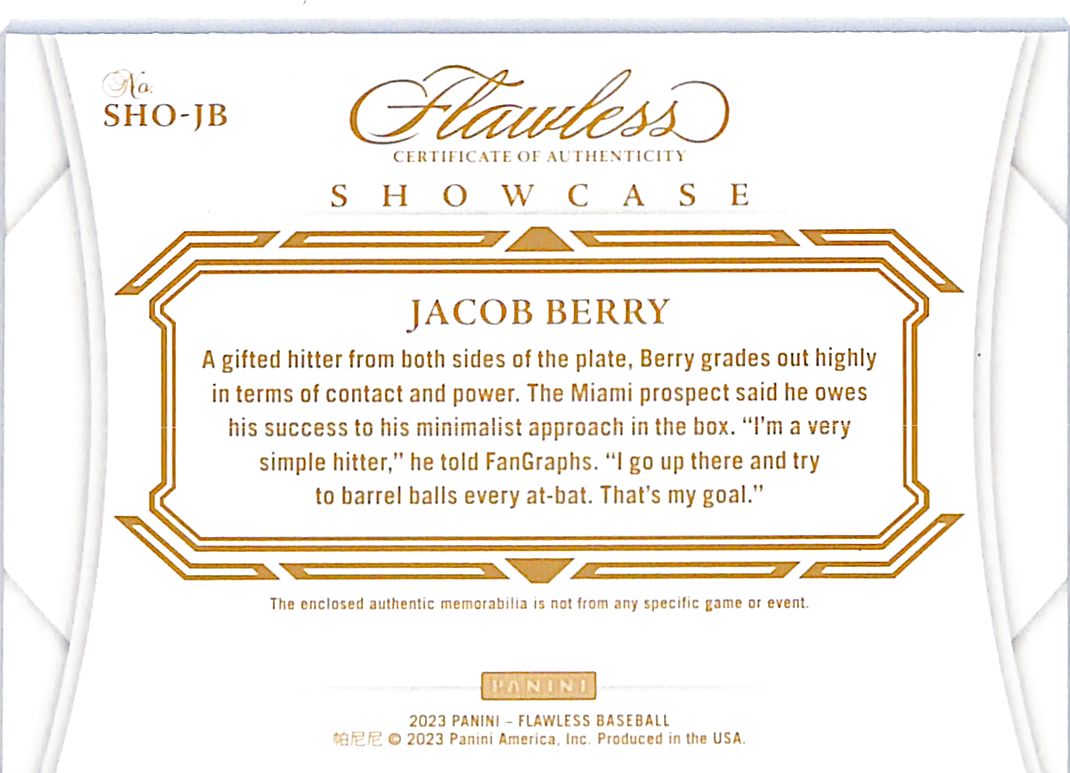 2023 Flawless Jacob Berry Rookie RC Showcase Quad Patch Jersey Relic /20 Marlins