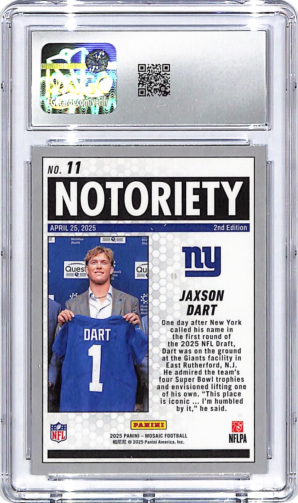 2025 Mosaic Jaxson Dart Notoriety Rookie RC #11 CGC 10 Giants