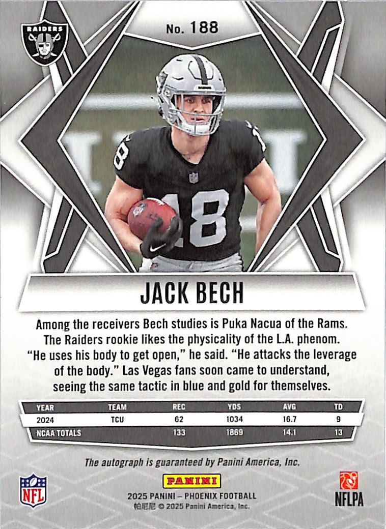 2025 Phoenix Jack Bech Auto Autograph Rookie RC Silver Lava Raiders