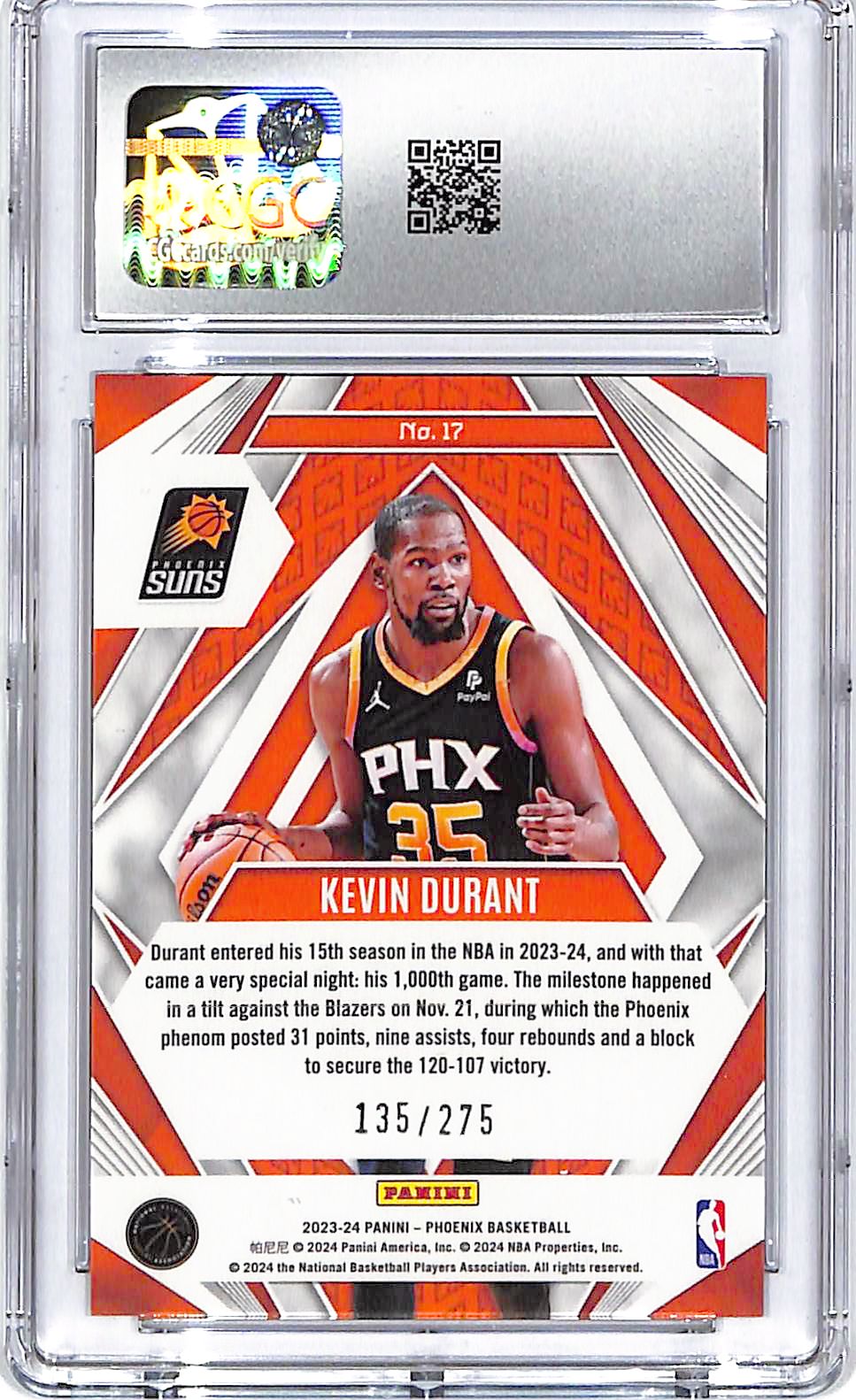 2023-24 Phoenix Kevin Durant Paragon Maroon Ice /275 CGC 10 Suns