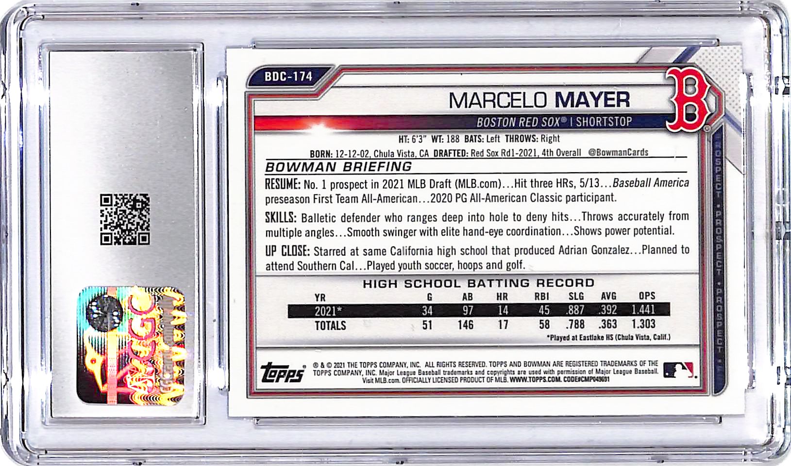 2021 Bowman Draft Sapphire Marcelo Mayer Rookie RC CGC 10 Red Sox