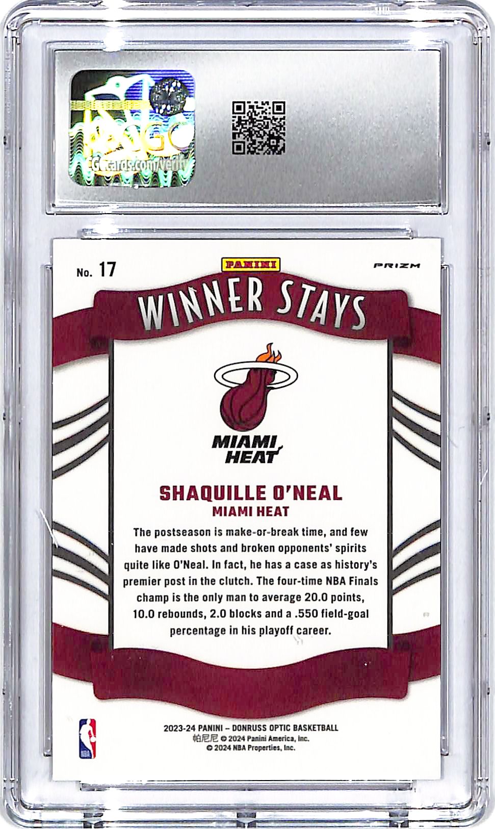 2023-24 Donruss Optic Shaquille O'Neal Winner Stays Purple CGC 10 Heat