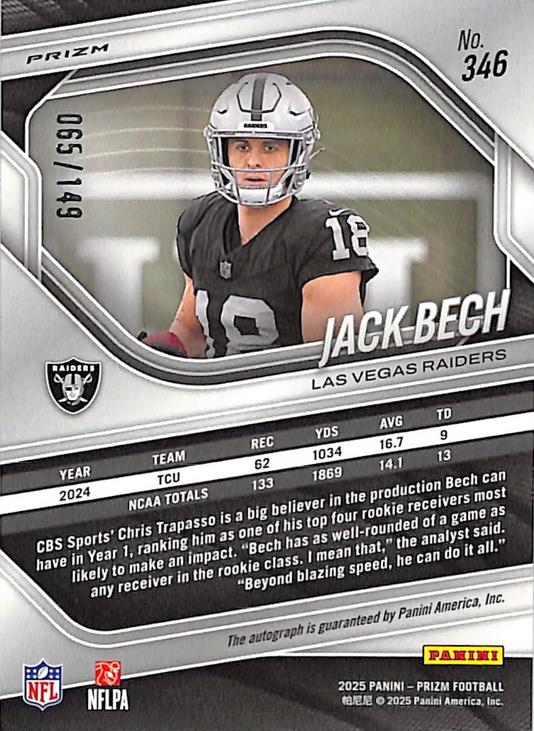 2025 Prizm Jack Bech Auto Autograph Rookie RC Red Wave /149 Raiders