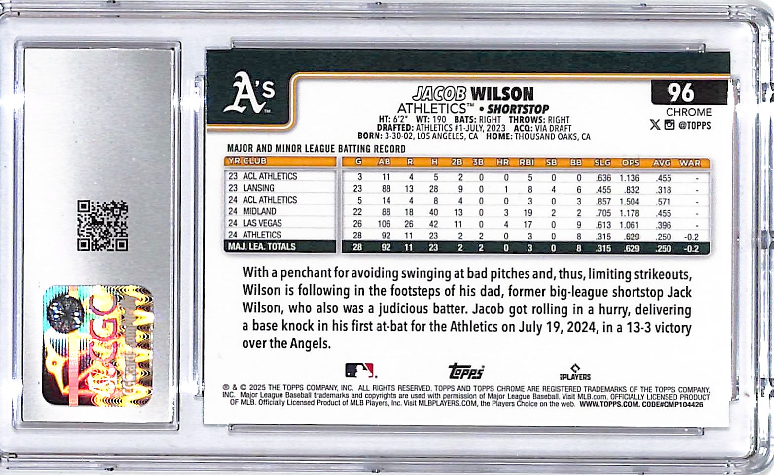 2025 Topps Chrome Jacob Wilson Xfractor Rookie RC #96 CGC 10 Athletics