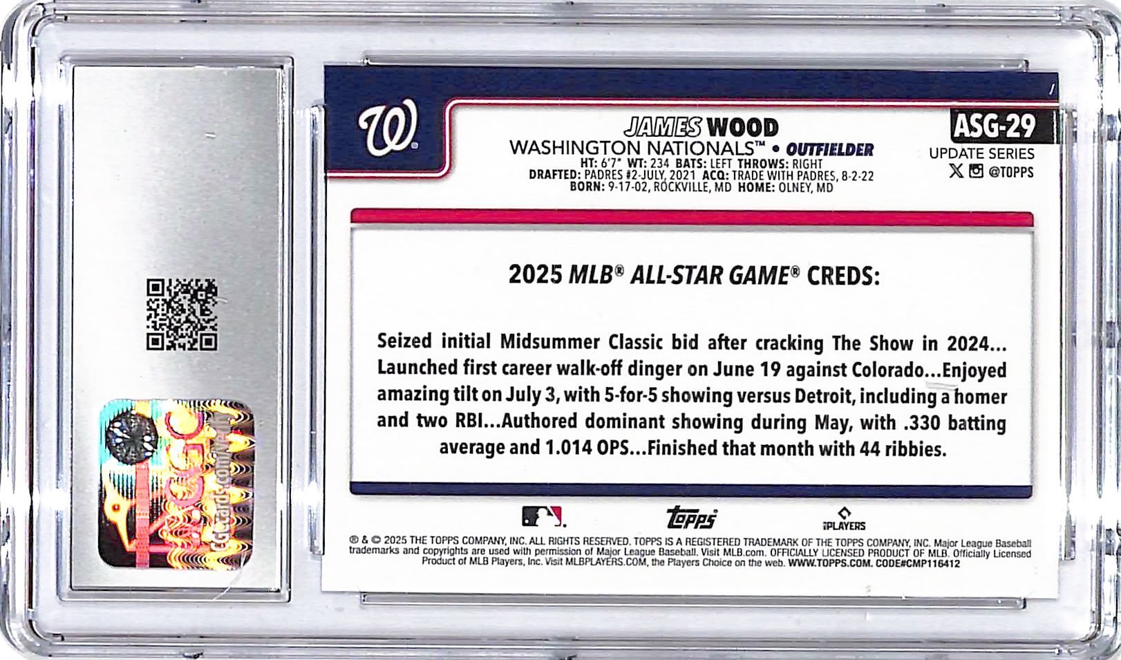 2025 Topps Update James Wood All Star Game Rookie RC CGC 10 National