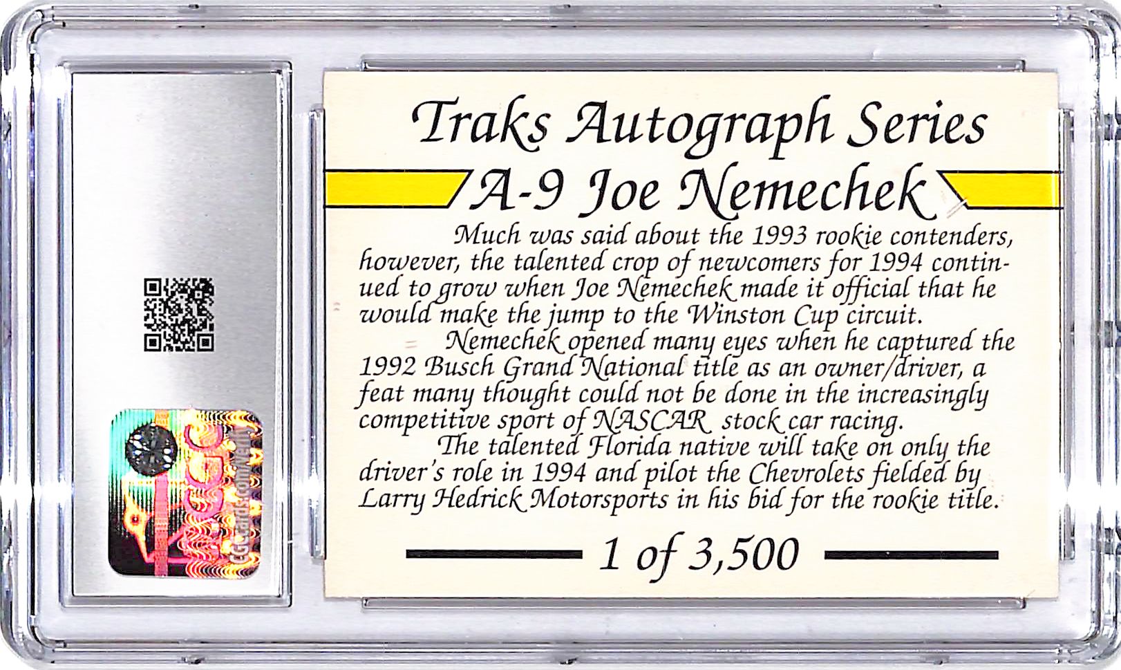 1994 Traks Joe Nemechek Auto Autograph CGC 9.5