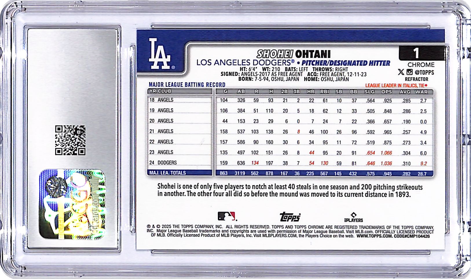 2025 Topps Chrome Shohei Ohtani Refractor #1 CGC 9.5 Dodgers