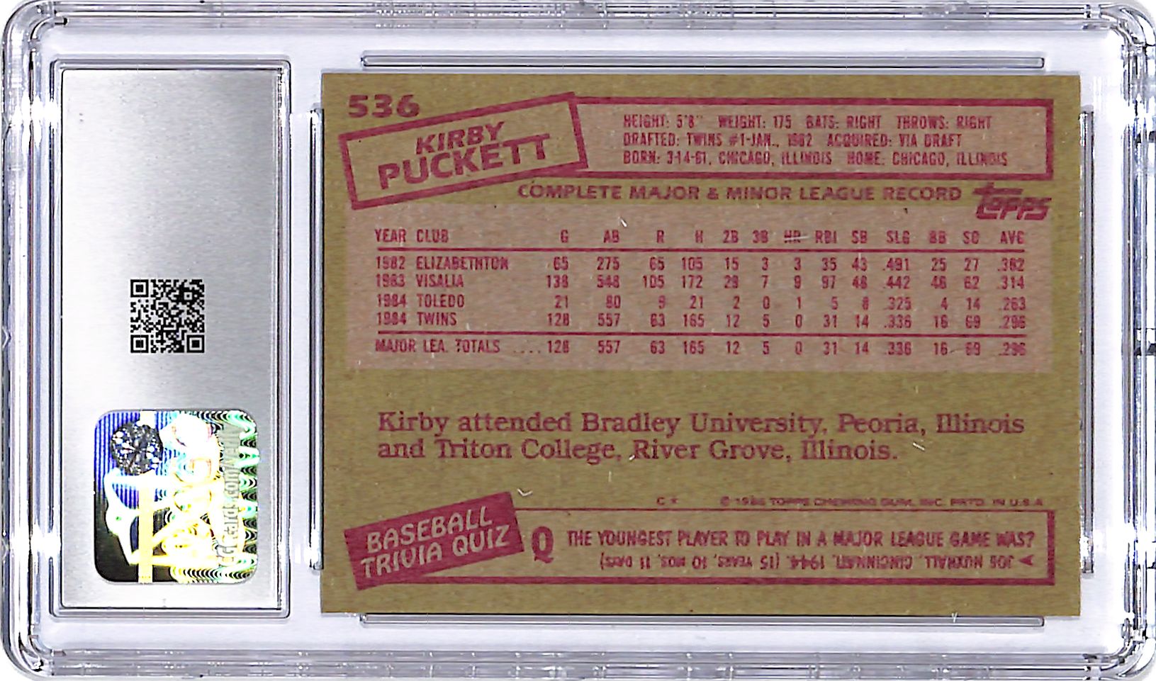 1985 Topps Kirby Puckett Rookie RC #536 CGC 9 Twins
