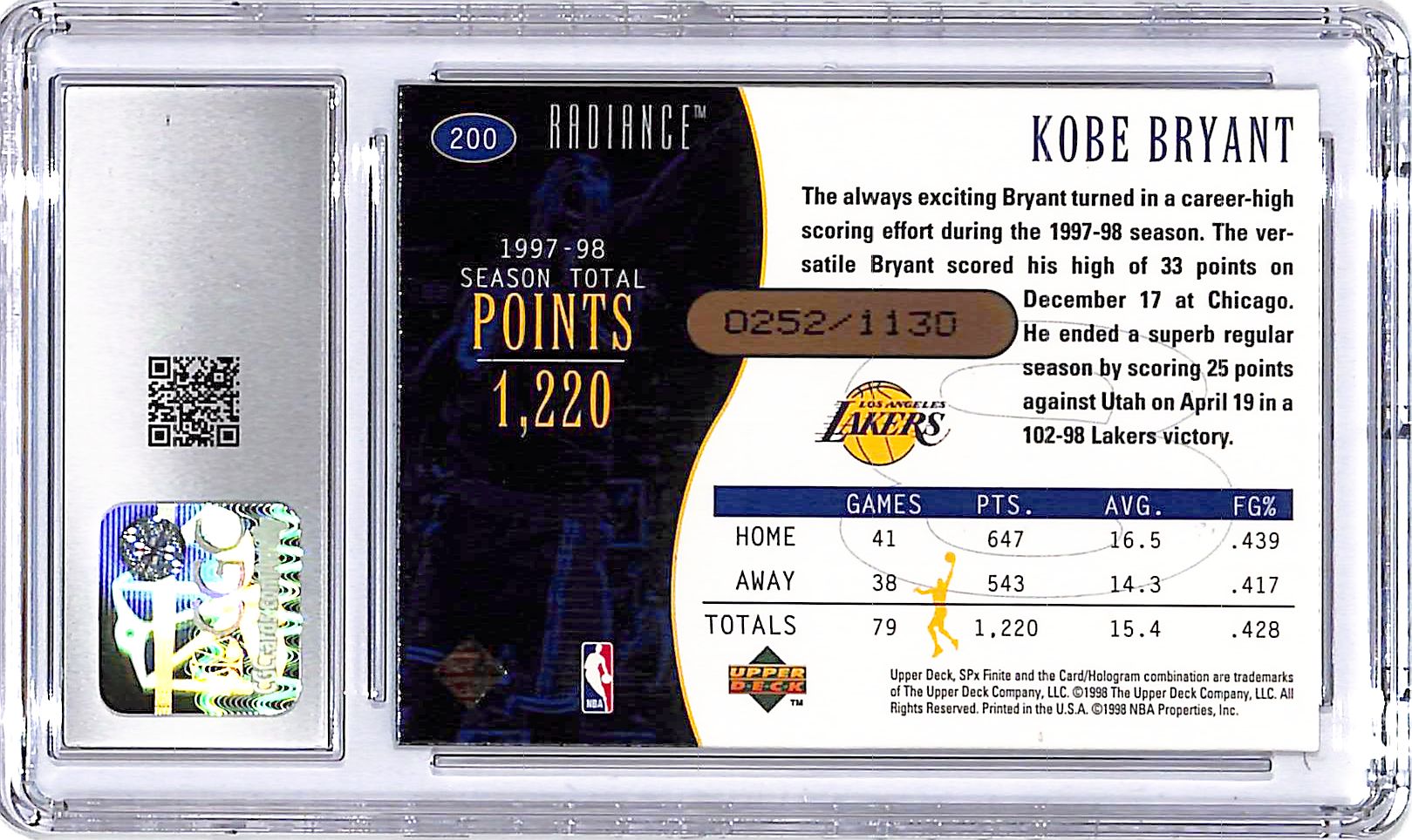 1998-99 SPx Finite Kobe Bryant Radiance #200 CGC 8 /1130 Lakers