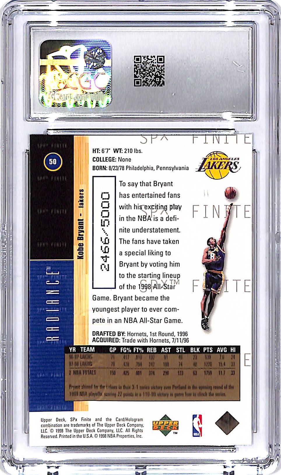 1998-99 SPx Finite Kobe Bryant Radiance #50 CGC 9 /5000