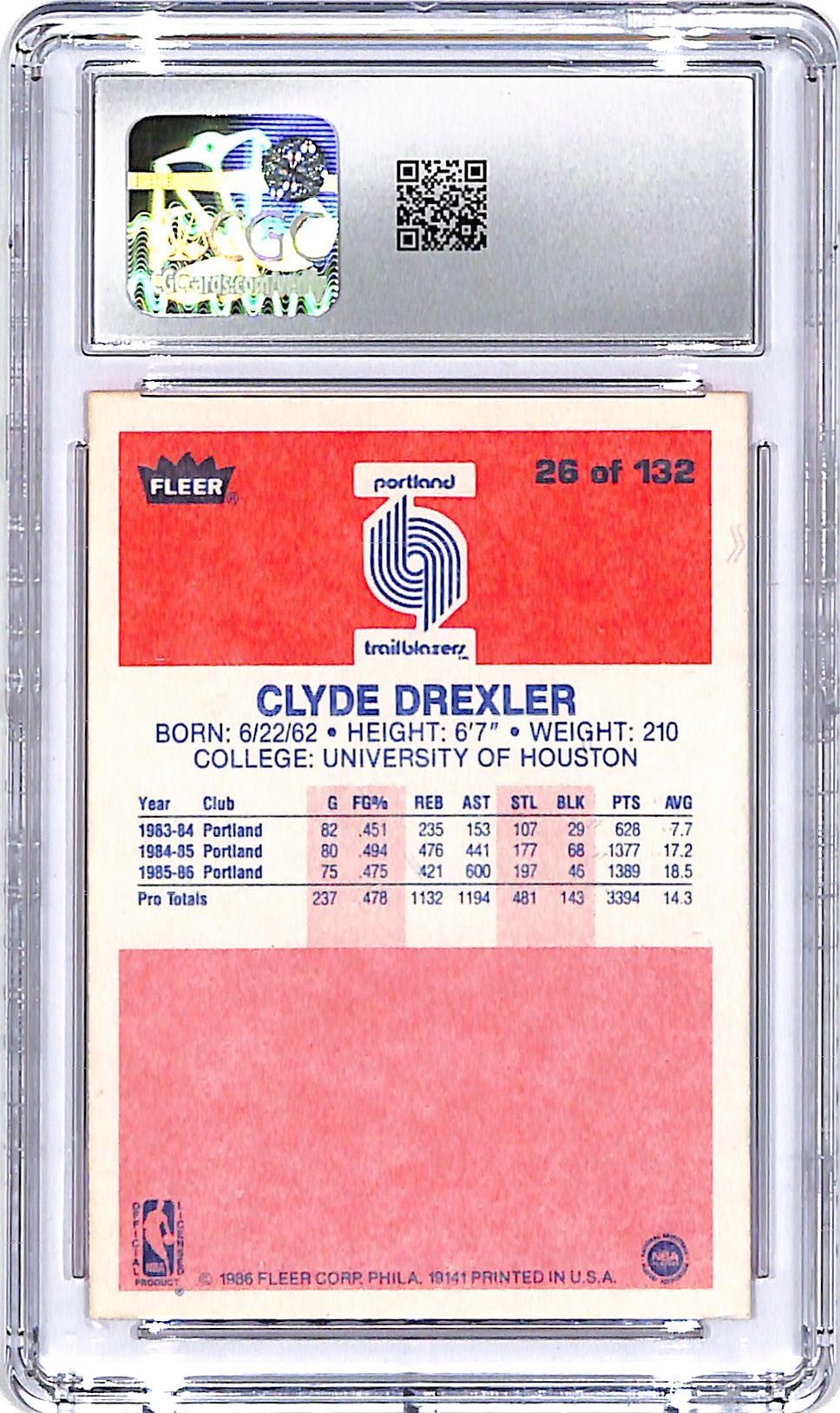1986-87 Fleer Clyde Drexler #26 CGC 7.5 Trail Blazers
