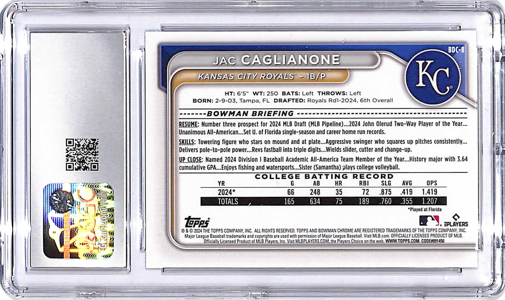2024 Bowman Draft Chrome Jack Caglianone Rookie RC CGC 9.5 Royals