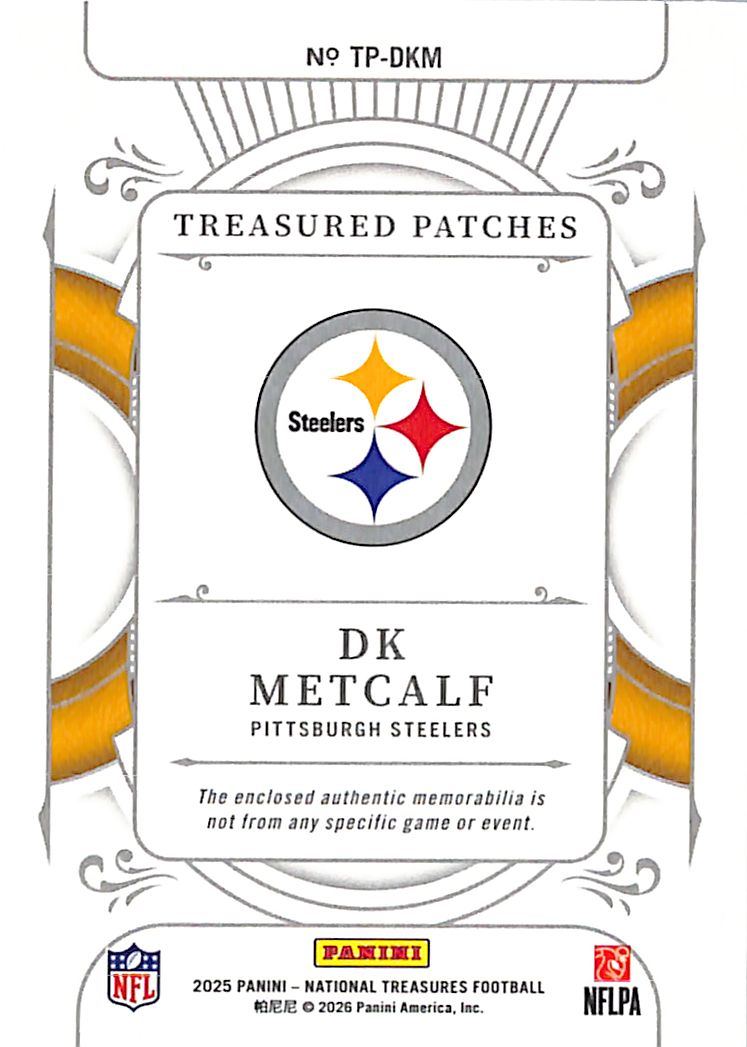 2025 National Treasures DK Metcalf Jersey Patch /49 Steelers