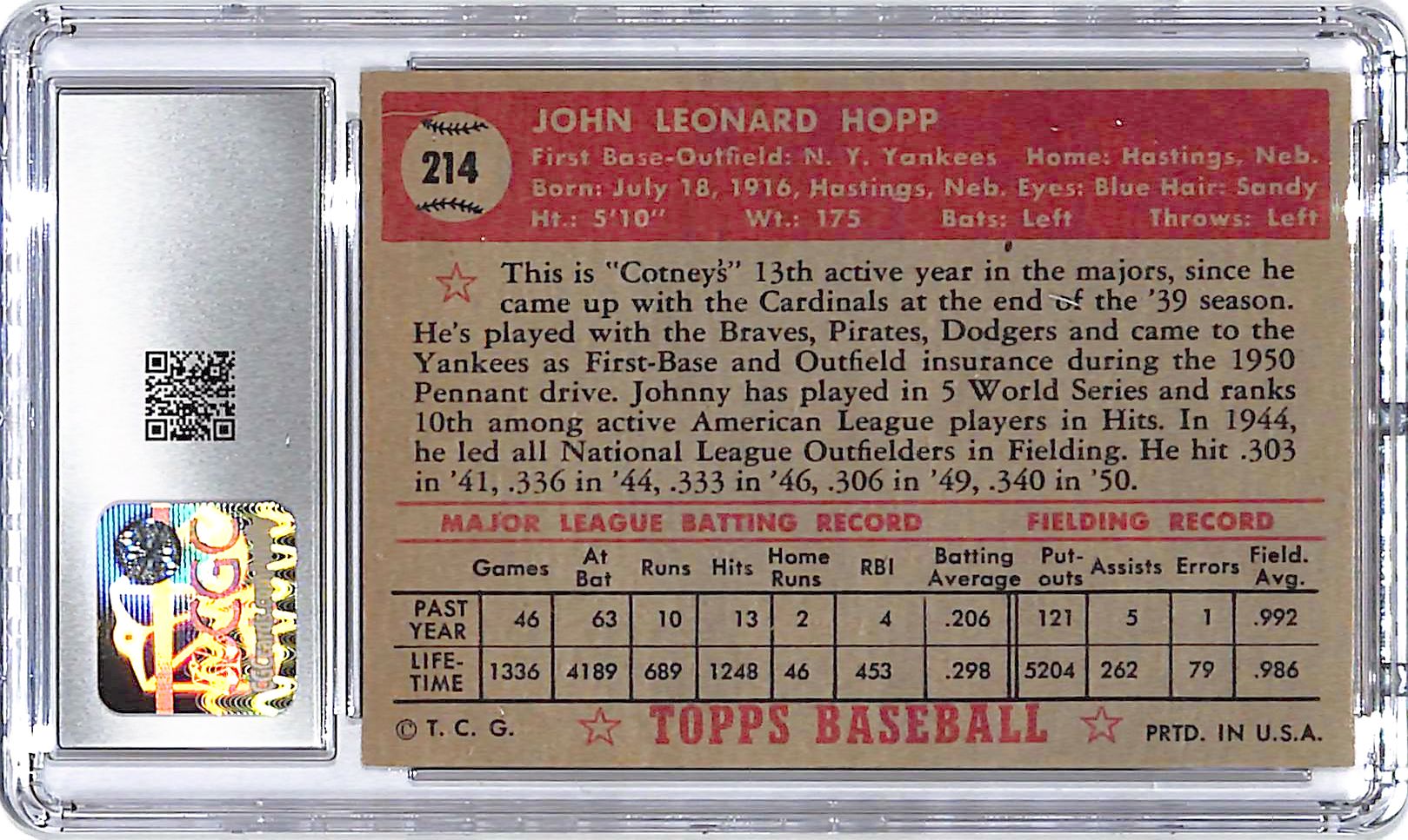 1952 Topps Johnny Hopp #214 CGC 5.5 Yankees