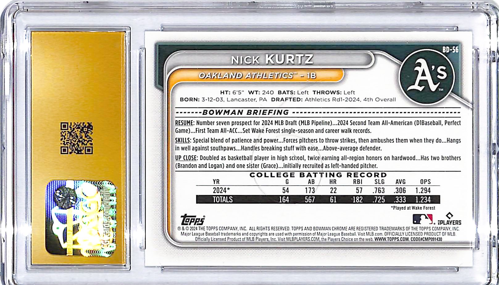 2024 Bowman Draft Nick Kurtz Rookie RC #56 CGC 10 Pristine